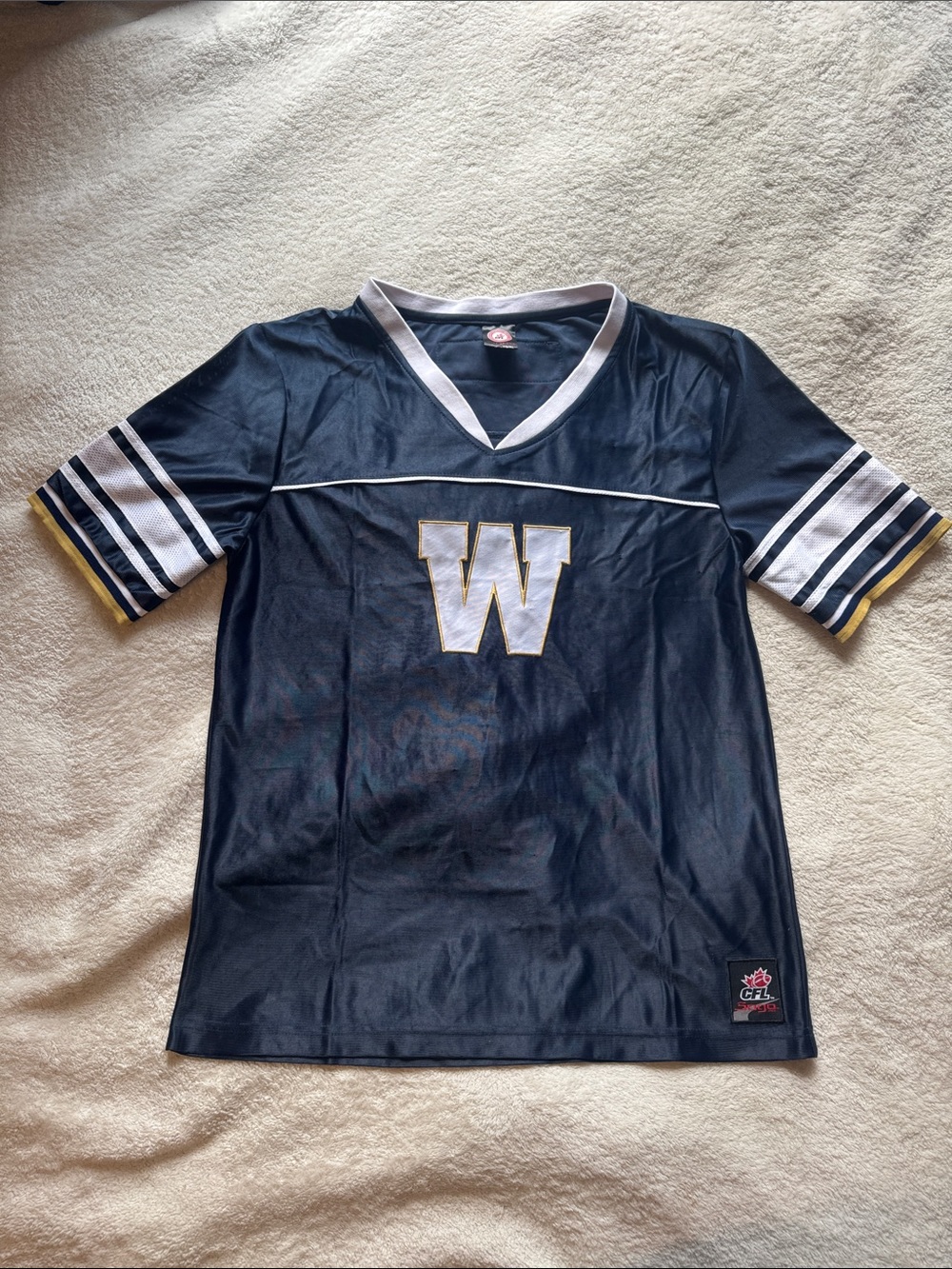 Navy V-Neck Short Sleeve Blue Bombers Jersey with White 'W' and Gold Trim